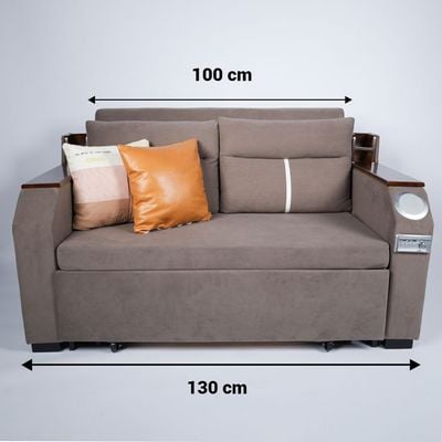 Extendable 2 in 1 Sofa Bed with Side Pockets,  Bottom and Side Storage, USB Ports, Bluetooth and Speaker- 130 cm Outside - Brown