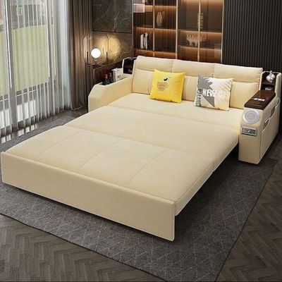 Extendable 2 in 1 Sofa Bed with Side Pockets,  Bottom and Side Storage, USB Ports, Bluetooth and Speaker+ 150 cm Outside+ Off White