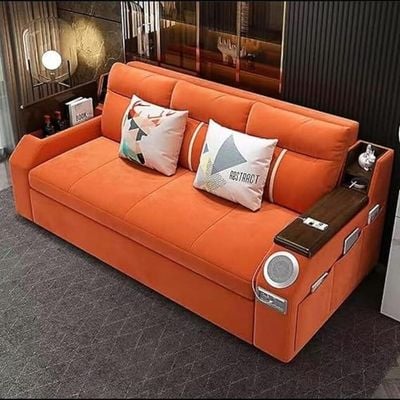 Extendable 2 in 1 Sofa Bed with Side Pockets,  Bottom and Side Storage, USB Ports, Bluetooth and Speaker+ 150 cm Outside + Orange