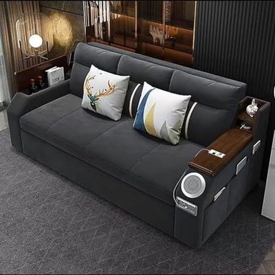 Extendable 2 in 1 Sofa Bed with Side Pockets,  Bottom and Side Storage, USB Ports, Bluetooth and Speaker+ 150 cm Outside + Dark Gray