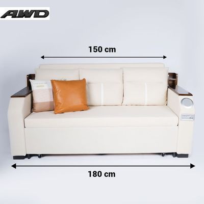 Extendable 2 in 1 Sofa Bed with Side Pockets,  Bottom and Side Storage, USB Ports, Bluetooth and Speaker+ 180 cm Outside + Off White