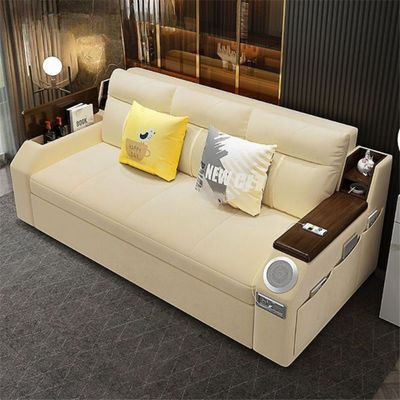 Extendable 2 in 1 Sofa Bed with Side Pockets,  Bottom and Side Storage, USB Ports, Bluetooth and Speaker+ 180 cm Outside + Off White