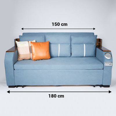 Extendable 2 in 1 Sofa Bed with Side Pockets,  Bottom and Side Storage, USB Ports, Bluetooth and Speaker+ 180 cm Outside + Blue