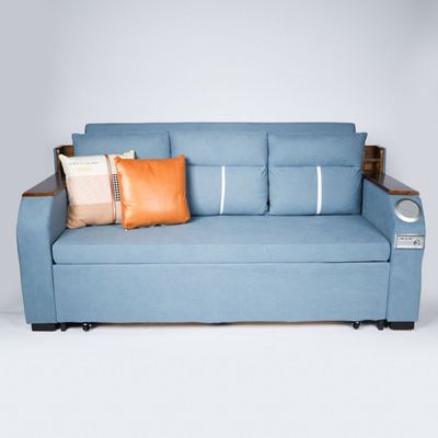 Extendable 2 in 1 Sofa Bed with Side Pockets,  Bottom and Side Storage, USB Ports, Bluetooth and Speaker+ 180 cm Outside + Blue