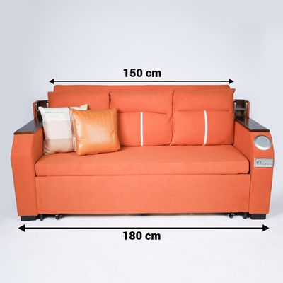 Extendable 2 in 1 Sofa Bed with Side Pockets,  Bottom and Side Storage, USB Ports, Bluetooth and Speaker+ 180 cm Outside + Orange