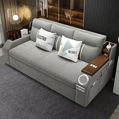 Extendable 2 in 1 Sofa Bed with Side Pockets,  Bottom and Side Storage, USB Ports, Bluetooth and Speaker+ 180 cm Outside + Light Gray