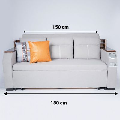 Extendable 2 in 1 Sofa Bed with Side Pockets,  Bottom and Side Storage, USB Ports, Bluetooth and Speaker+ 180 cm Outside + Light Gray