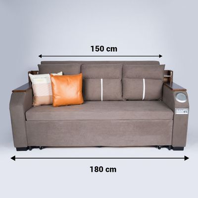 Extendable 2 in 1 Sofa Bed with Side Pockets,  Bottom and Side Storage, USB Ports, Bluetooth and Speaker+ 180 cm Outside + Brown