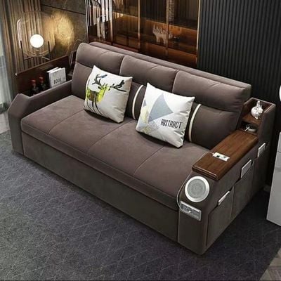 Extendable 2 in 1 Sofa Bed with Side Pockets,  Bottom and Side Storage, USB Ports, Bluetooth and Speaker+ 180 cm Outside + Brown