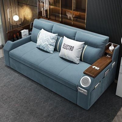 Extendable 2 in 1 Sofa Bed with Side Pockets,  Bottom and Side Storage, USB Ports, Bluetooth and Speaker+ 210 cm Outside + Blue