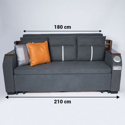 Extendable 2 in 1 Sofa Bed with Side Pockets,  Bottom and Side Storage, USB Ports, Bluetooth and Speaker+ 210 cm Outside + Dark Gray