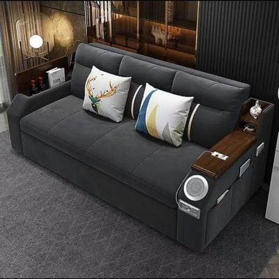 Extendable 2 in 1 Sofa Bed with Side Pockets,  Bottom and Side Storage, USB Ports, Bluetooth and Speaker+ 210 cm Outside + Dark Gray