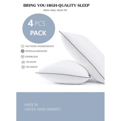 4 Piece Pack Black Single Piping Bed Pillow Cotton White 50x70cm Made in Uae