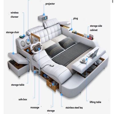 Smart Bed with Projector, Wireless Charging, Bluetooth Speaker, Stool, Small Dressing Table, Safe Box, Side Cabinet and Massage for Back and Neck + King Size Smart Bed + Off White