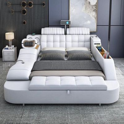 Smart Bed with Projector, Wireless Charging, Bluetooth Speaker, Stool, Small Dressing Table, Safe Box, Side Cabinet and Massage for Back and Neck + King Size Smart Bed + Beige