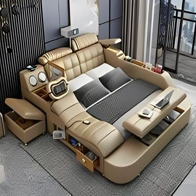 Smart Bed with Projector, Wireless Charging, Bluetooth Speaker, Stool, Small Dressing Table, Safe Box, Side Cabinet and Massage for Back and Neck + King Size Smart Bed + Beige