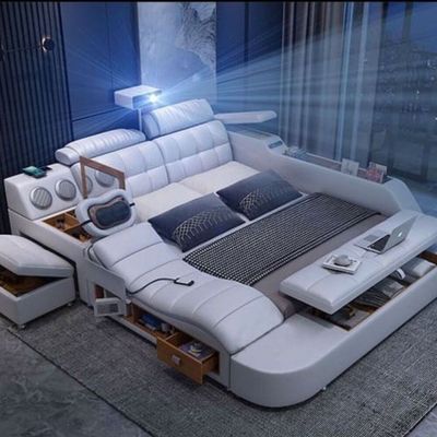 Smart Bed with Projector, Wireless Charging, Bluetooth Speaker, Stool, Small Dressing Table, Safe Box, Side Cabinet and Massage for Back and Neck + King Size Smart Bed + White