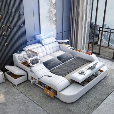 Smart Bed with Projector, Wireless Charging, Bluetooth Speaker, Stool, Small Dressing Table, Safe Box, Side Cabinet and Massage for Back and Neck + King Size Smart Bed + White