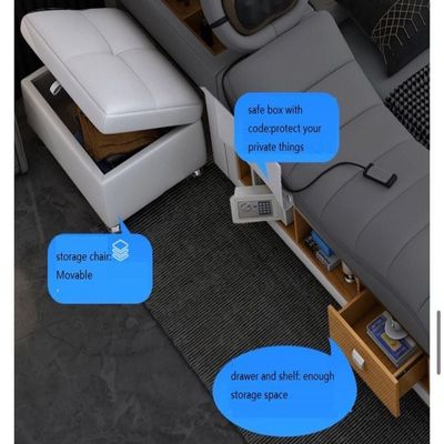 Smart Bed with Projector, Wireless Charging, Bluetooth Speaker, Stool, Small Dressing Table, Safe Box, Side Cabinet and Massage for Back and Neck + King Size Smart Bed + Blue