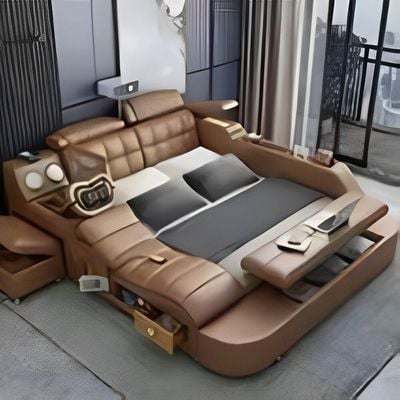 Smart Bed with Projector, Wireless Charging, Bluetooth Speaker, Stool, Small Dressing Table, Safe Box, Side Cabinet and Massage for Back and Neck + King Size Smart Bed + Brown