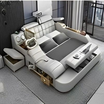 Smart Bed with Projector, Wireless Charging, Bluetooth Speaker, Stool, Small Dressing Table, Safe Box, Side Cabinet and Massage for Back and Neck + King Size Smart Bed + Silver