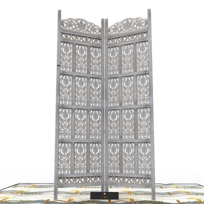 Wooden Twist  Carved Wood Room Divider Screen Antique White Wash Rustic Finish