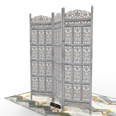  Carved Wood Room Divider Screen Antique White Wash Rustic Finish
