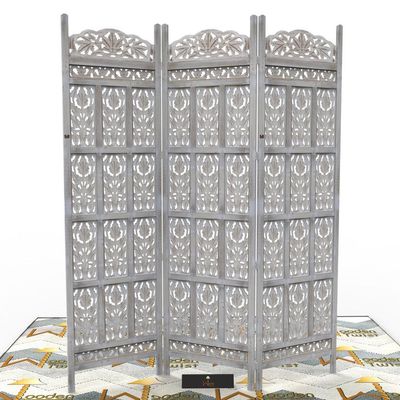  Carved Wood Room Divider Screen Antique White Wash Rustic Finish