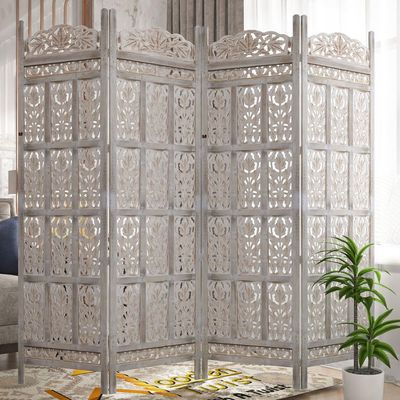 Wooden Twist  Carved Wood Room Divider Screen Antique White Wash Rustic Finish