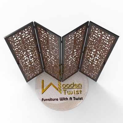 handcrafted 4 Panel Wooden Room Partition & Room Divider (Dark Brown)
