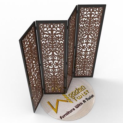 handcrafted 4 Panel Wooden Room Partition & Room Divider (Dark Brown)