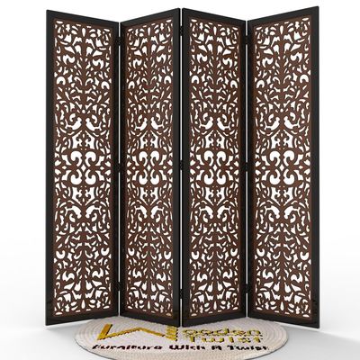 handcrafted 4 Panel Wooden Room Partition & Room Divider (Dark Brown)