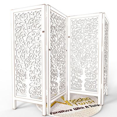 Wooden Twist Low Height Solid Wood Room Divider Separator Wooden Partition 4 Panel ( Antique White )