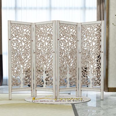 Wooden Twist Low Height Solid Wood Room Divider Separator Wooden Partition 4 Panel ( Antique White )