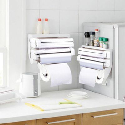 Plastic Triple Tissue Paper Dispenser 3 in 1 Foil Cling Film Tissue Paper Roll Holder for Kitchen Triple Paper Roll Dispenser and Holder for Tissue Paper Roll, Kitchen Tissue Holder Stand