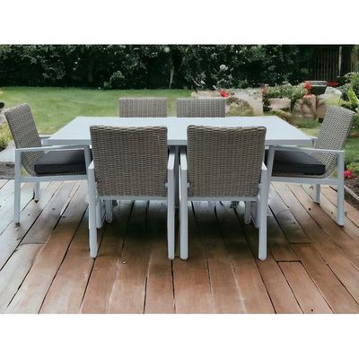 Wooden Twist Calamus Aluminum Frame WPC 6-Seater Dining Set with Cushions Elegant Outdoor Patio Furniture for Garden ( Grey & White )