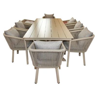 Wooden Twist Celeb Luxurious Aluminum Frame WPC 8-Seater Dining Set with Cushions Elegant Outdoor Patio Furniture for Garden