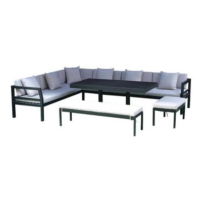 Wooden Twist Verbose Aluminum Cushioned L-Shaped 3+3+2 with 1 Table & Footrest Sofa Set - Elegant Outdoor Furniture for Patio and Garden