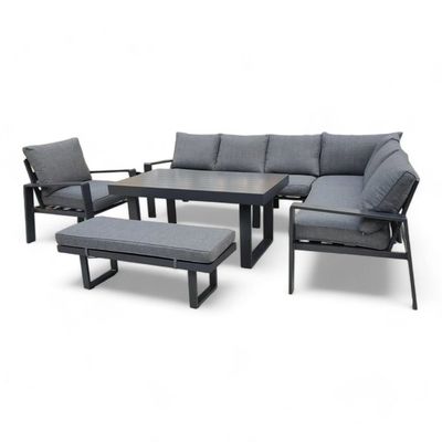 Wooden Twist Verbose Aluminum Cushioned L-Shaped 3+3+2 with 1 Table & Footrest Sofa Set - Elegant Outdoor Furniture for Patio and Garden