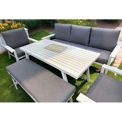Wooden Twist Lush Home Decor Outdoor Furniture Set with White Finish Premium Aluminum 3+1+1 with 1 Bench and 1 Table