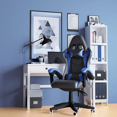  Gaming Chair Office Chair, Reclining High Back PU Leather Desk Chair with Headrest and Lumbar Support, Adjustable Swivel Video Game Chair, Ergonomic Racing Computer Gaming Chair (Blue Black)