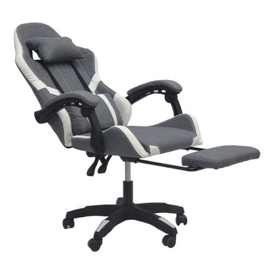  Fabric Gaming Chair, Reclining High Back Fabric Office Chair with Headrest Footrest and Lumbar Support, Adjustable Swivel Video Game Chair, Ergonomic Racing Computer Gaming Chair, Grey White