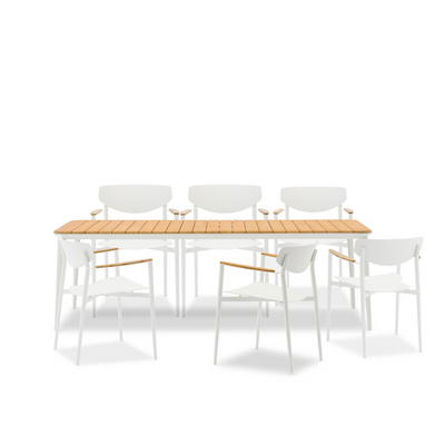 Timo White 6-Seater Teak Top Dining Table and Chair Set