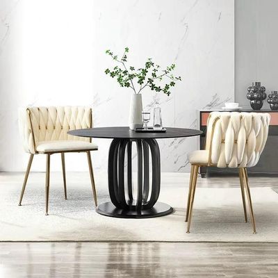 Wooden Twist Design Woven Back Velvet Upholstery and Metal Legs Elegant Seating Dining Chair for Cafe, Restaurant, and Home