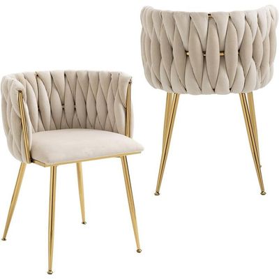 Wooden Twist Design Woven Back Velvet Upholstery and Metal Legs Elegant Seating Dining Chair for Cafe, Restaurant, and Home