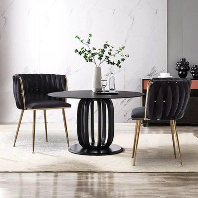 Wooden Twist Design Woven Back Velvet Upholstery and Metal Legs Elegant Seating Dining Chair for Cafe, Restaurant, and Home