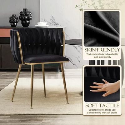 Wooden Twist Design Woven Back Velvet Upholstery and Metal Legs Elegant Seating Dining Chair for Cafe, Restaurant, and Home