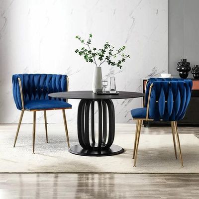 Wooden Twist Design Woven Back Velvet Upholstery and Metal Legs Elegant Seating Dining Chair for Cafe, Restaurant, and Home