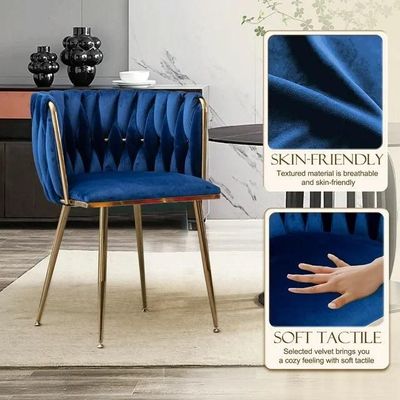 Wooden Twist Design Woven Back Velvet Upholstery and Metal Legs Elegant Seating Dining Chair for Cafe, Restaurant, and Home