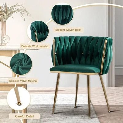 Wooden Twist Design Woven Back Velvet Upholstery and Metal Legs Elegant Seating Dining Chair for Cafe, Restaurant, and Home